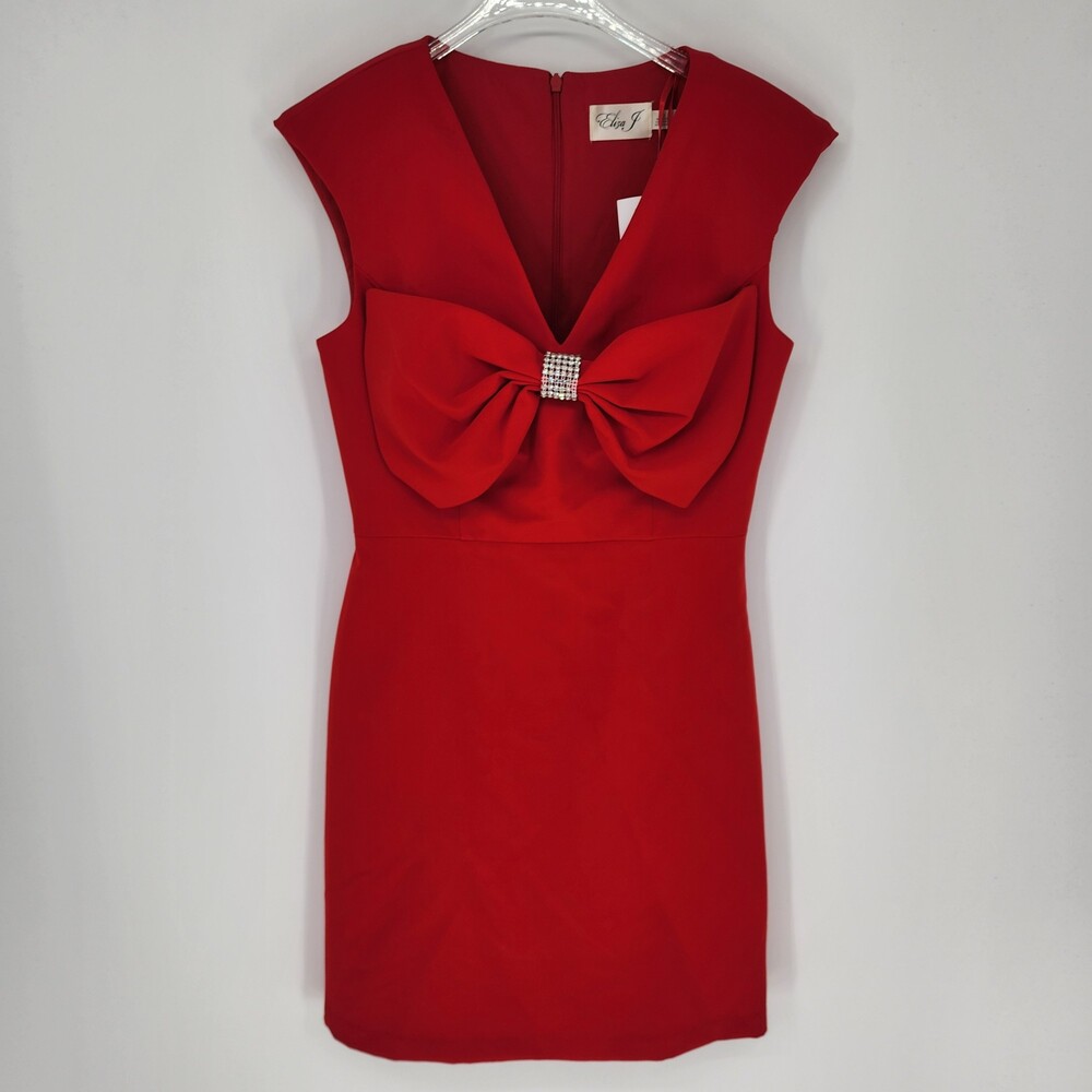 Eliza J NEW Size 12 Red Rhinestone Bow Bodice Crepe Sheath Cocktail Dress